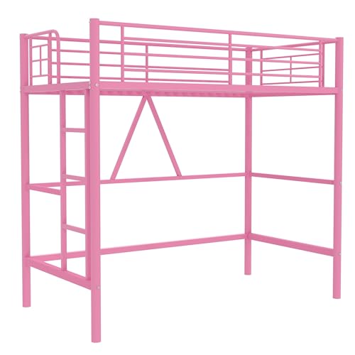 Pink Twin Size Metal Loft Bed with Ladder and Guardrail W43392