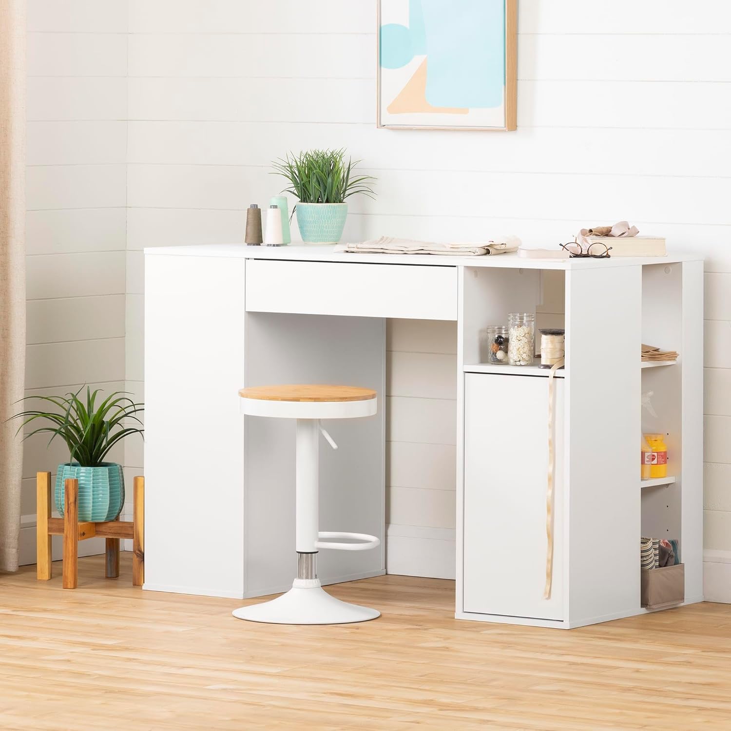 Pure White Counter-Height Craft Table with 4 Baskets S1517