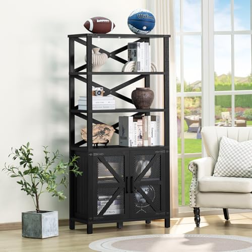 5 Tier 70" Tall Bookcase with Barn Doors and Adjustable Shelves, Blue (2PCS) K80103