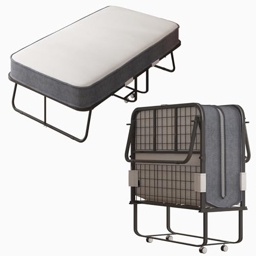 Folding Bed with 5 Inch Memory Foam Mattress, Single Rollaway Bed with Lockable Wheels I778