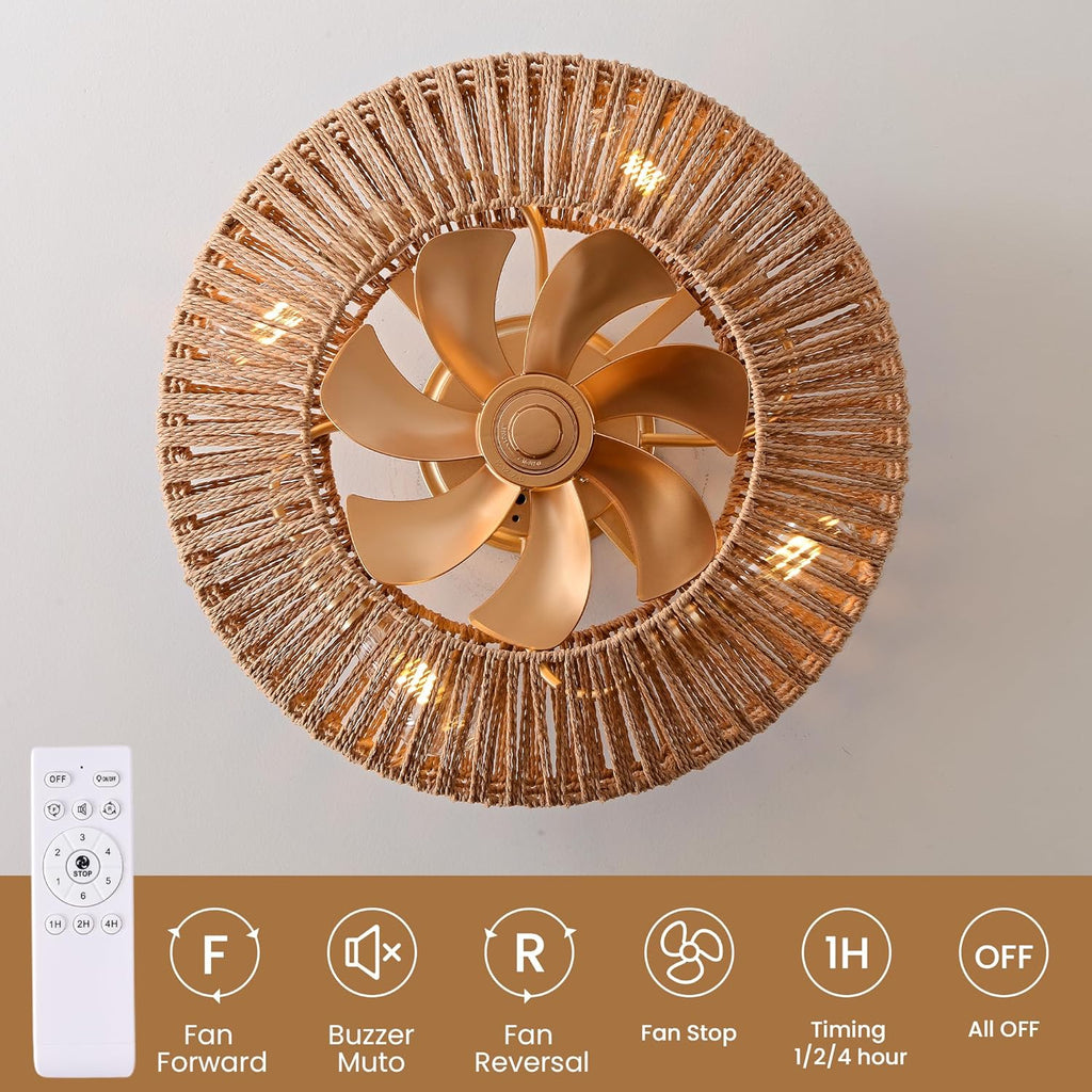 20" Rattan Ceiling Fan with Lights and Remote Control D8909