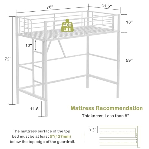 Pink Twin Size Metal Loft Bed with Ladder and Guardrail W43392
