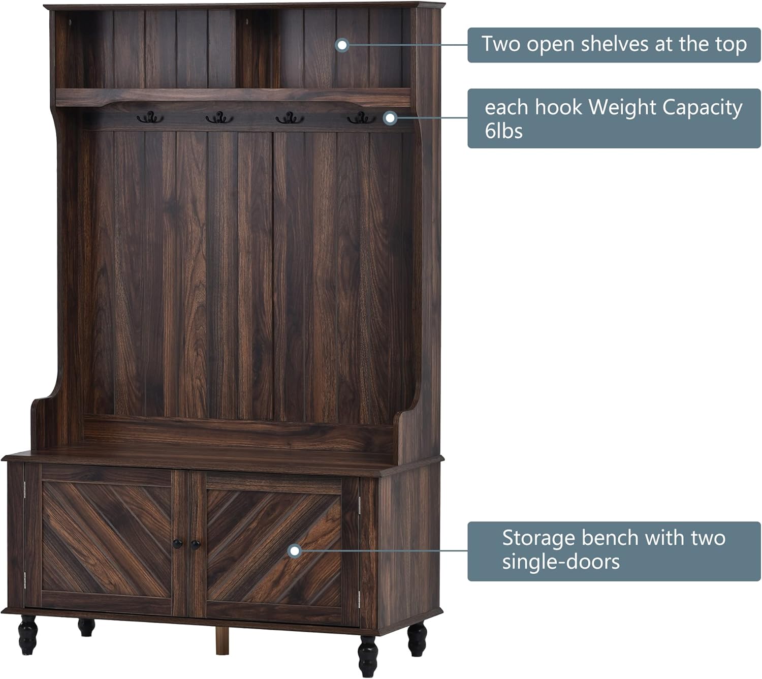 Brown 3-in-1 Hall Tree with 4 Hooks and Storage Bench L57875