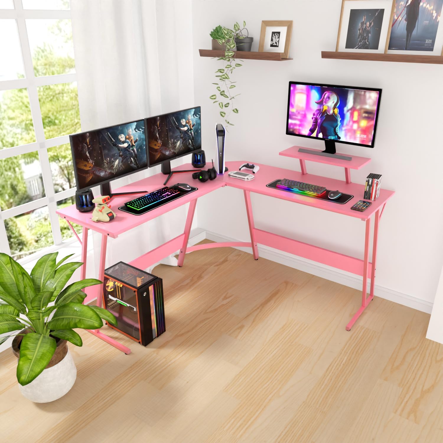 Pink 50.4 Inch L Shaped Corner Computer Desk with Monitor Stand I220535