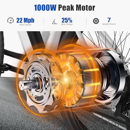 26" Electric Mountain Bike, 1000W Peak Motor, 375Wh Removable Battery, 7 Speed C25650