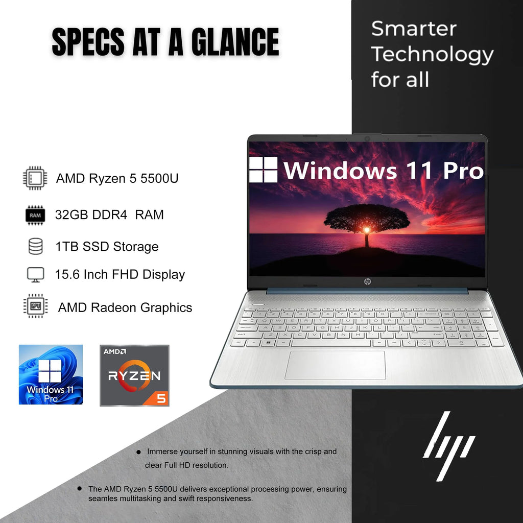15.6 Inch FHD AMD Ryzen 5 5500U 32GB RAM 1TB SSD Windows 11 Pro Laptop V68827