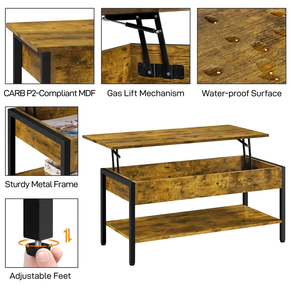 Rustic Brown Wood Lift Top Coffee Table with Hidden Compartment V739