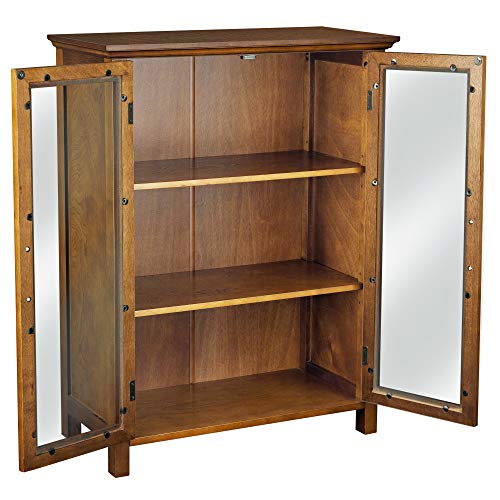 Oiled Oak Wooden Freestanding Floor Cabinet with 2 Adjustable Shelves and 2 Glass Paneled Doors B8649