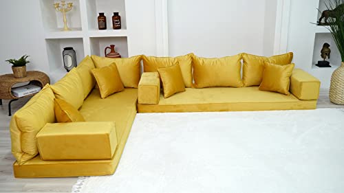 L Shaped Velvet Yellow Floor Couch with Ottoman and Pillows N5344