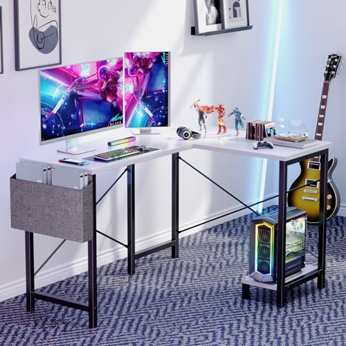 Black L Shaped Computer Desk with Wooden Desktop CPU Stand Side Bag G419799