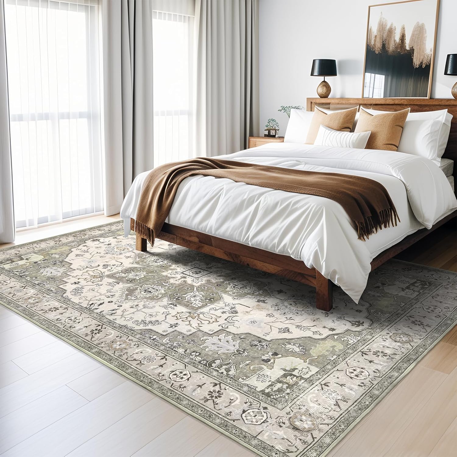 Grey/Beige 9x12 Machine Washable Low Pile Area Rug M2992