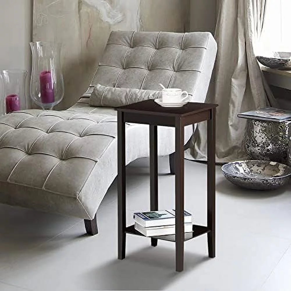 Dark Coffee Tall End Table With Storage Shelf And Solid Wood Legs, D12xw15xh29 Inches J43881
