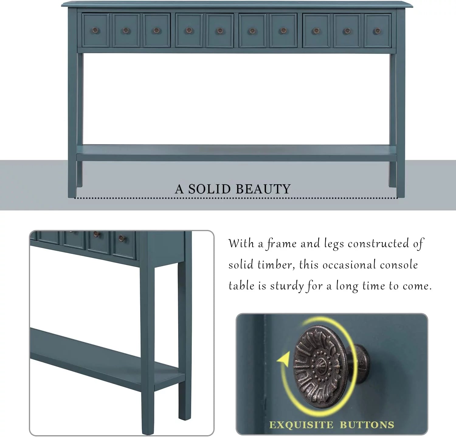 Navy 60" Console Table with 2 Drawers and Bottom Shelf W18711