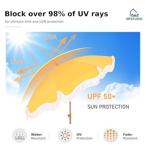7ft Beach Umbrella with Fringe, UPF50+, Carry Bag V462