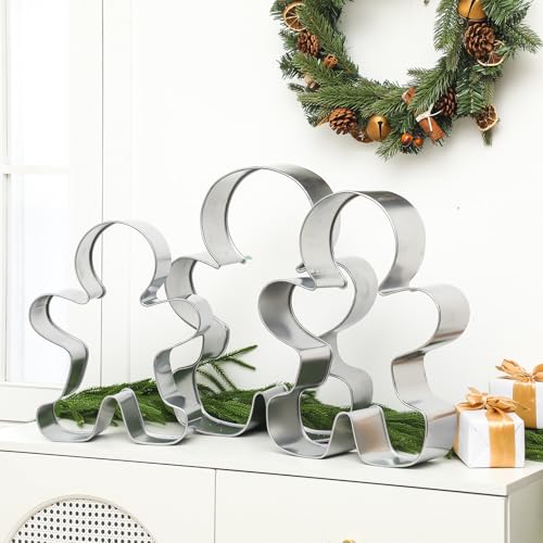 Set of 3 Oversized Silver Gingerbread Men Cookie Cutter Figurines Stainless Steel M811981