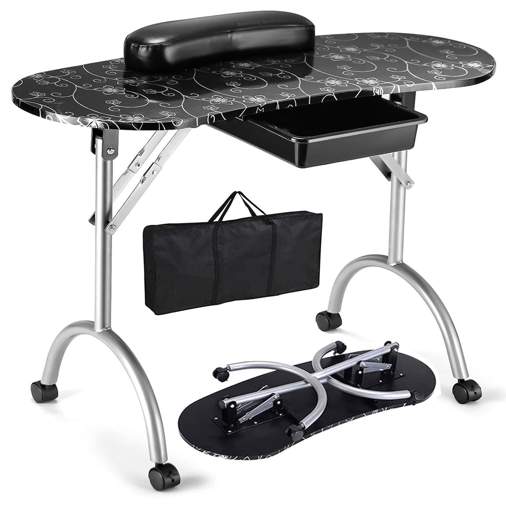 Black Portable Manicure Table with Drawer and Casters V59577