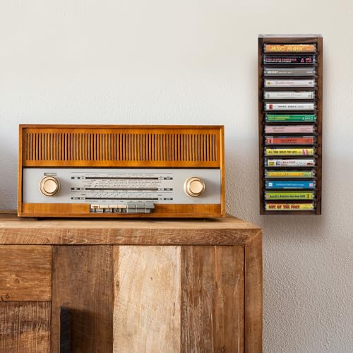 16-Slot Solid Burnt Wood Cassette Tape Storage Rack V986638