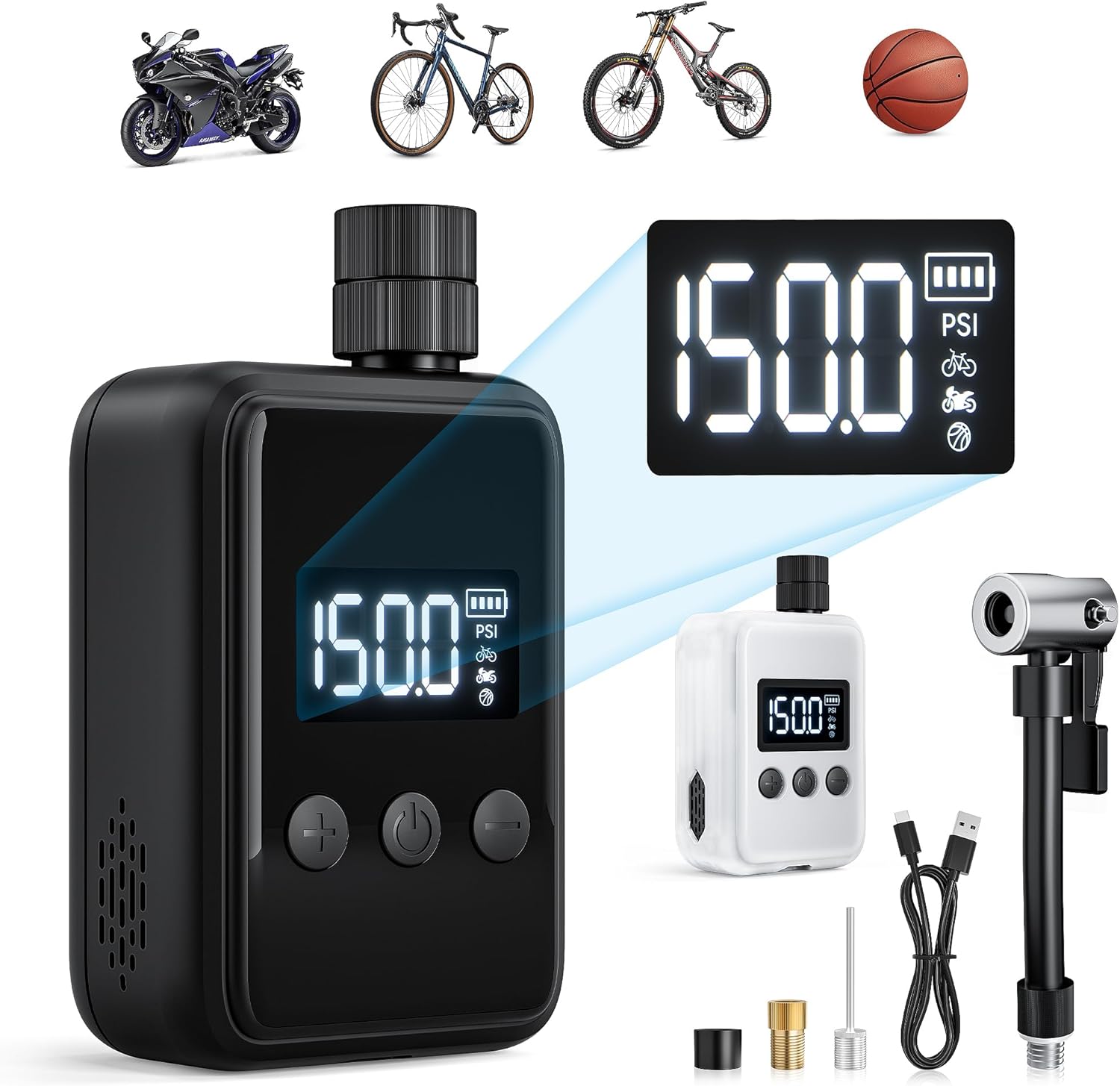 150PSI Portable Bicycle Tire Pump with Pressure Gauge LCD Display R998799