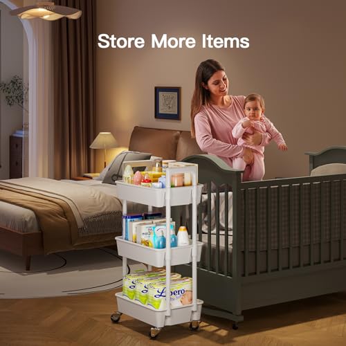 White 3 Tier Plastic Rolling Cart with Lockable Wheels E928