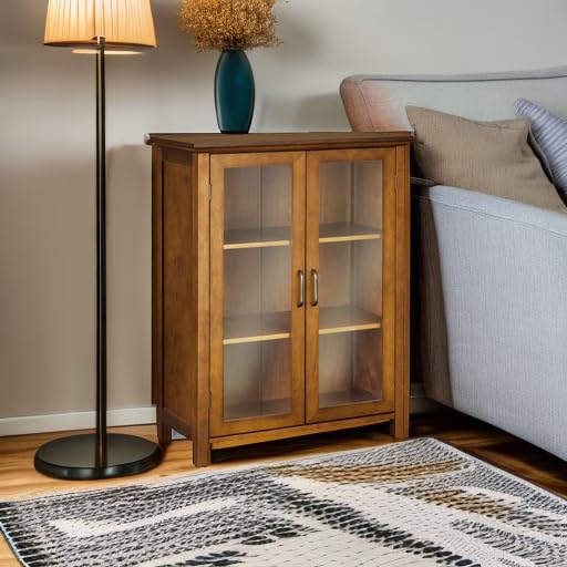 Oiled Oak Wooden Freestanding Floor Cabinet with 2 Adjustable Shelves and 2 Glass Paneled Doors B8649
