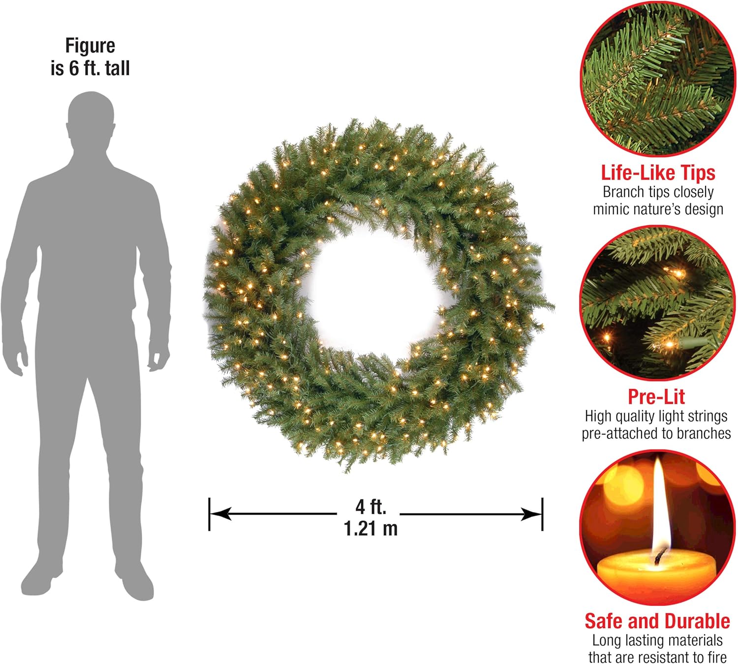 Pre-Lit Artificial Christmas Wreath, Green, 48 Inches E60144