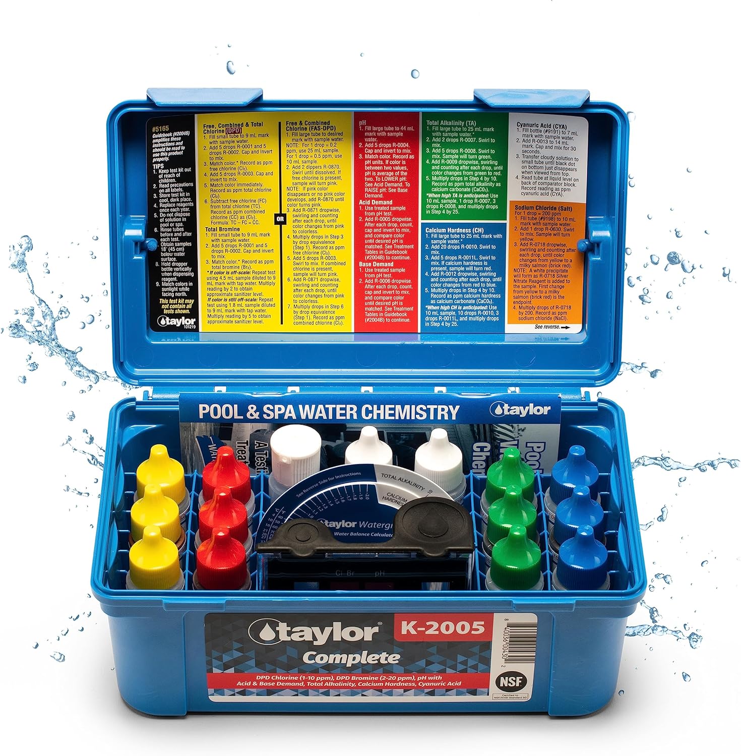 Taylor K2005 High Range Swimming Pool Total and Free Chlorine Bromine Alkalinity Calcium Hardness Base and Acid Demand pH DP Test Kit E9644