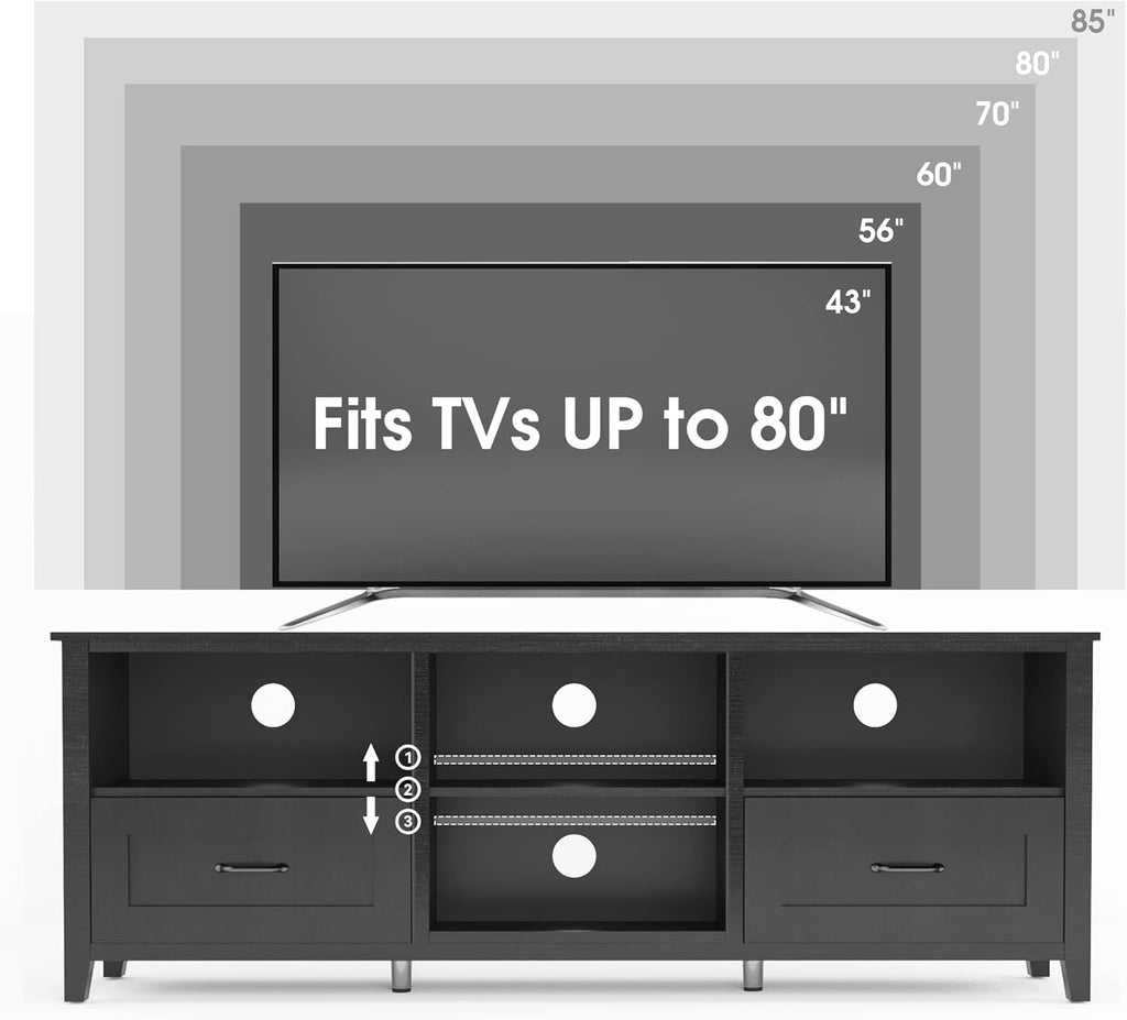 Black 70 inch TV Stand with Drawers Wood Storage Cabinet V7206