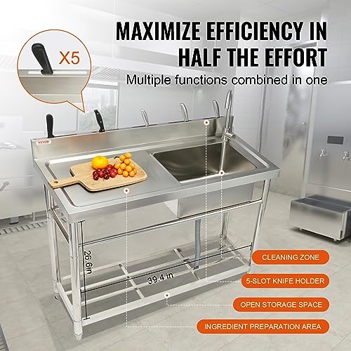Stainless Steel Utility Sink, 1 Compartment Free Standing Small Sink with Workbench Faucet and Legs, 39.4 x 19.1 x 37.4 in Commercial Single Bowl Sink T22652