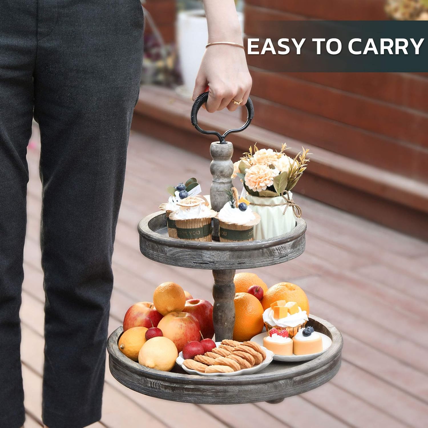Two Tier Distressed Wood Serving Tray V711366