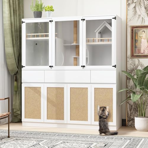 White Cat Litter Box Enclosure with Scratch Post, Stairs, Storage Drawers, Shelves, Sisal Doors S139254