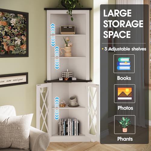 66.8" Tall Corner Cabinet with 2 Glass Doors, Adjustable Shelves, White Y47864