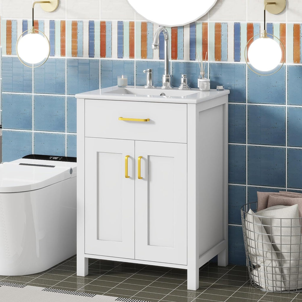 White 24" Bathroom Vanity with Sink, 2 Doors and Drawer E7385