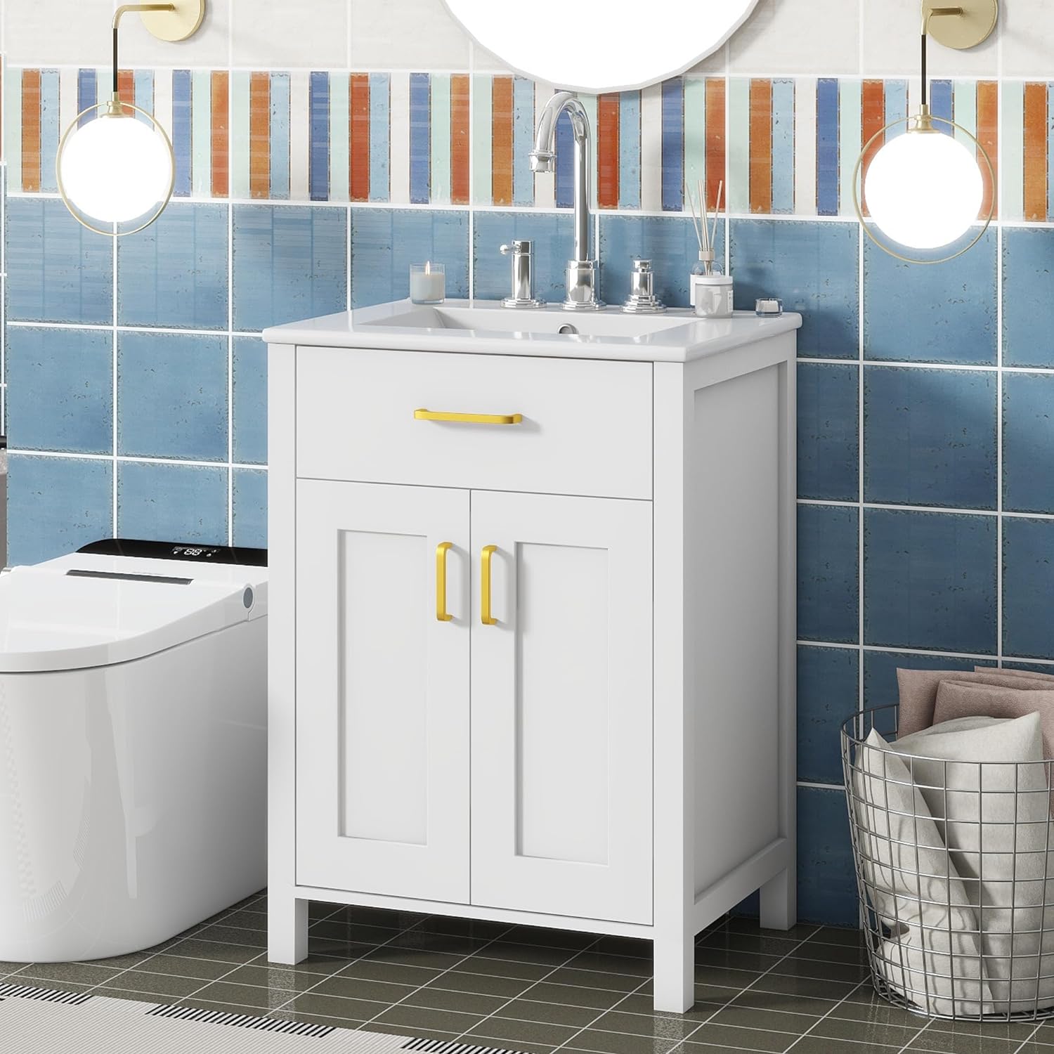 White 24" Bathroom Vanity with Sink, 2 Doors and Drawer E7385