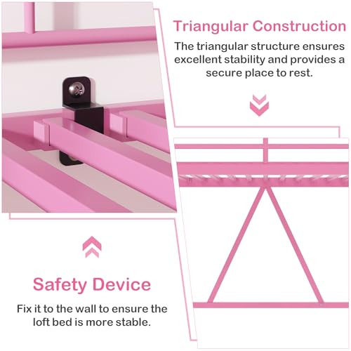 Pink Twin Size Metal Loft Bed with Ladder and Guardrail W43392