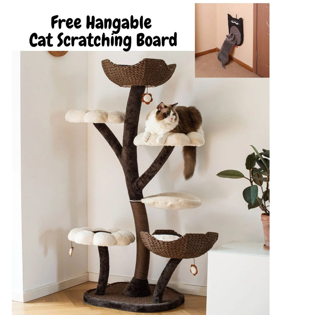 Natural Blossom Flower Woven Tree Branches Large Cat Tree 6-Level Cat Tower with Hammock Foam-Padded Perches Basket U436187