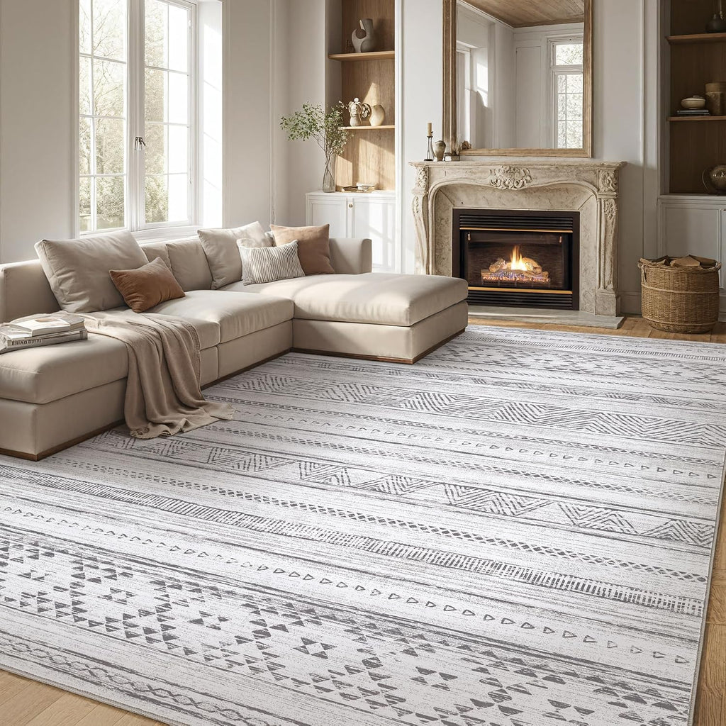 Cream Grey Washable Geometric Area Rug Q76251