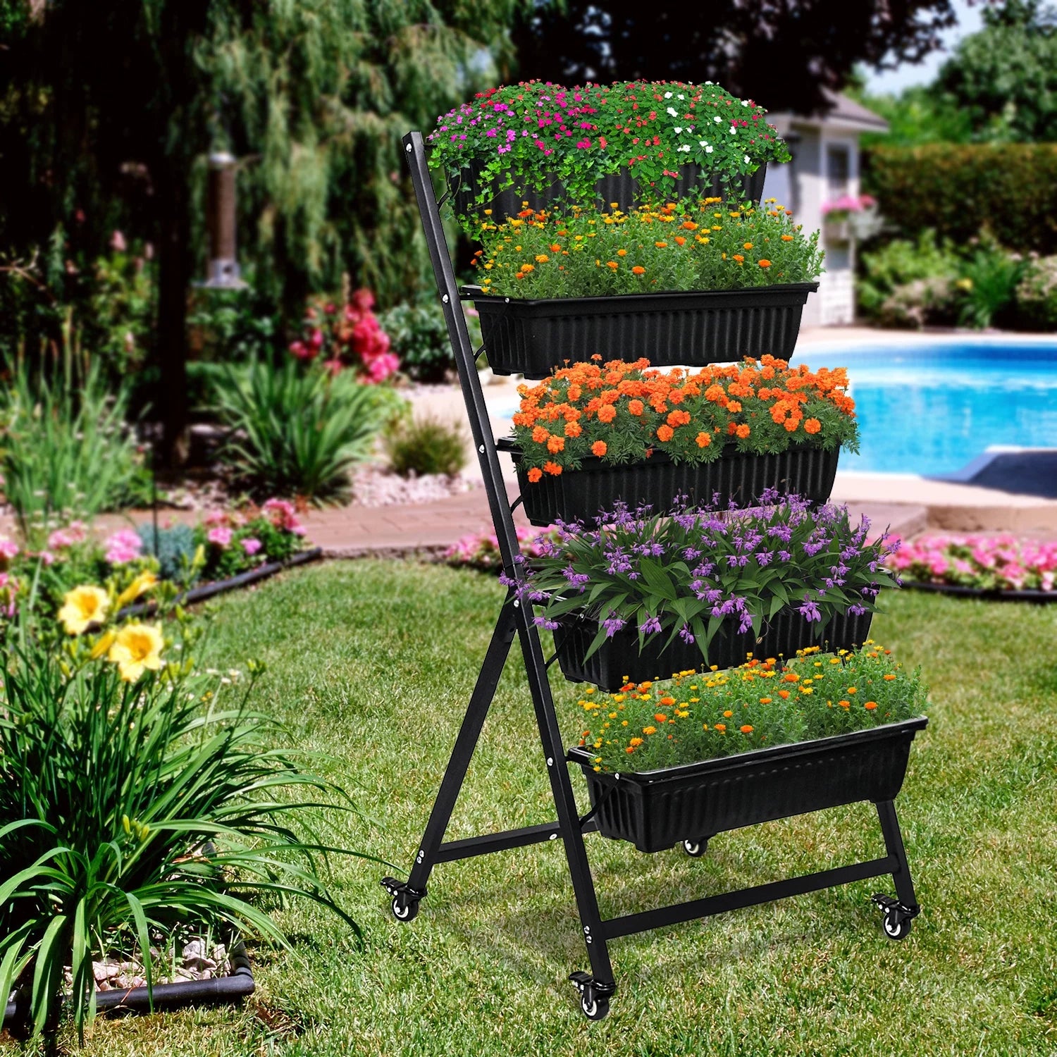 Raised Garden Bed Vertical Garden Freestanding Elevated Planters 5 Container Boxes with Wheels X264