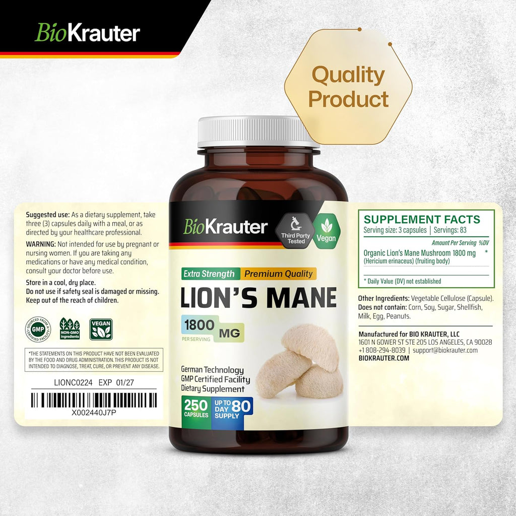 Vegan Organic Lion's Mane Mushroom Supplement Capsules S43632