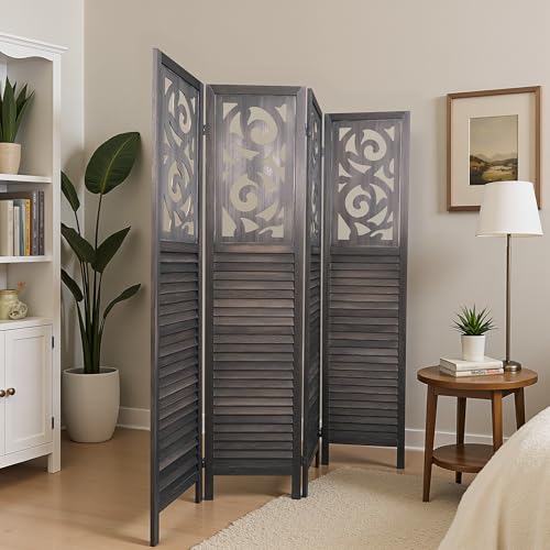 6 Panel Wooden Folding Room Divider with Shelves K489634