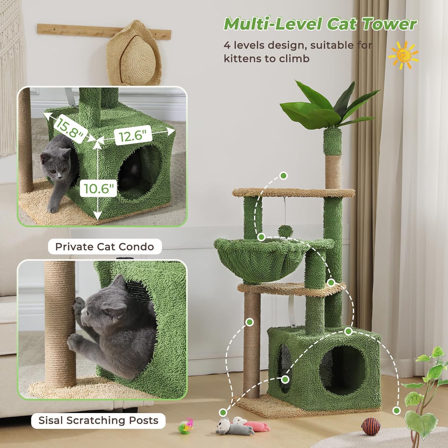 51 Inches Multi-Level Cat Tree with Hammock, Sisal Scratching Posts Z94504