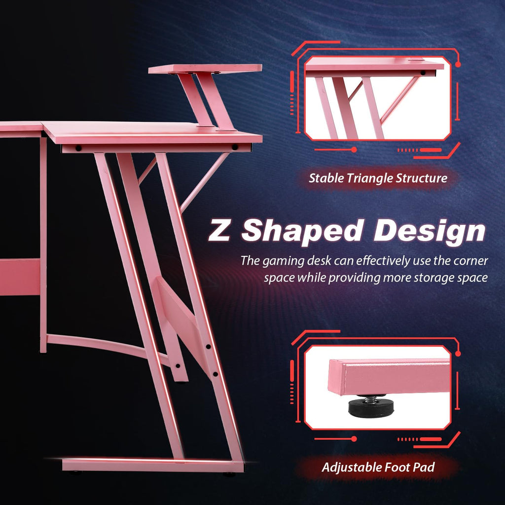 Pink 50.4 Inch L Shaped Corner Computer Desk with Monitor Stand I220535