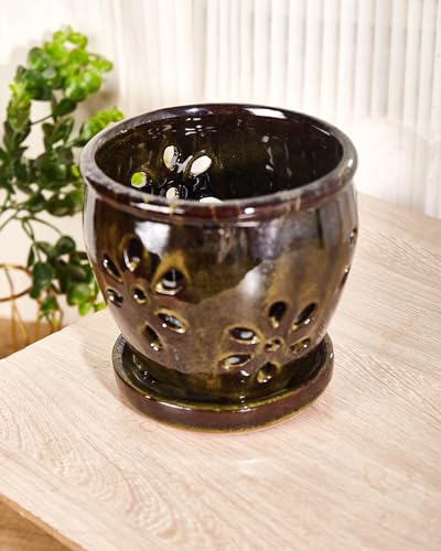 Olive Green 5 Inch Ceramic Orchid Pots with Holes and Saucers H8055