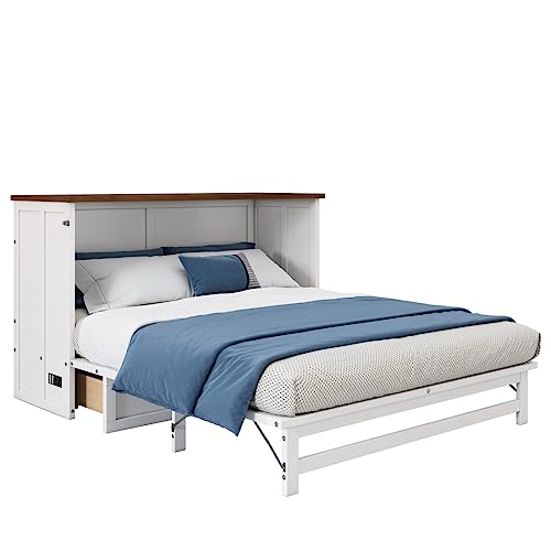 White Queen Size Murphy Bed Cabinet with Bookcase and Drawer Shelves M713580