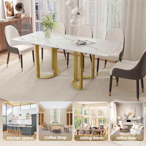 63" White Marble Dining Table with Gold Trestle Pedestal R774533