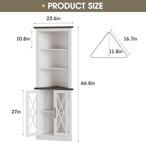 66.8" Tall Corner Cabinet with 2 Glass Doors, Adjustable Shelves, White Y47864