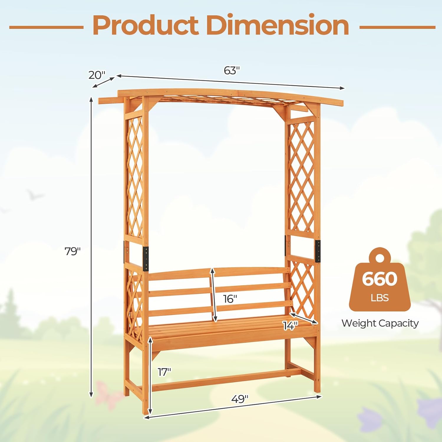 Wooden Garden Arbor with Bench F48415
