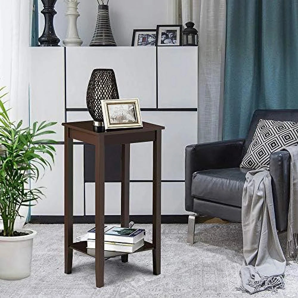 Dark Coffee Tall End Table With Storage Shelf And Solid Wood Legs, D12xw15xh29 Inches J43881