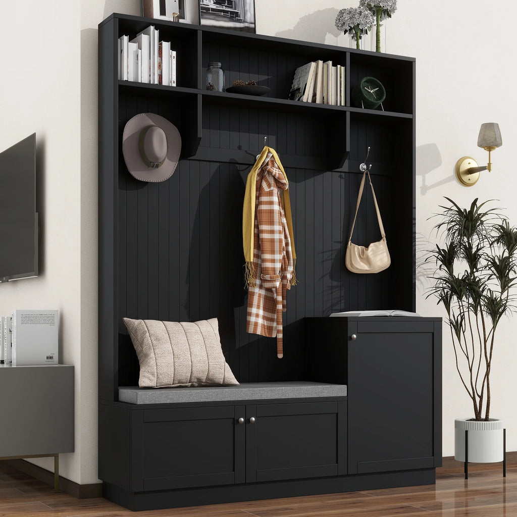 Black 4-in-1 Hall Tree with Bench and Shoe Storage L9949