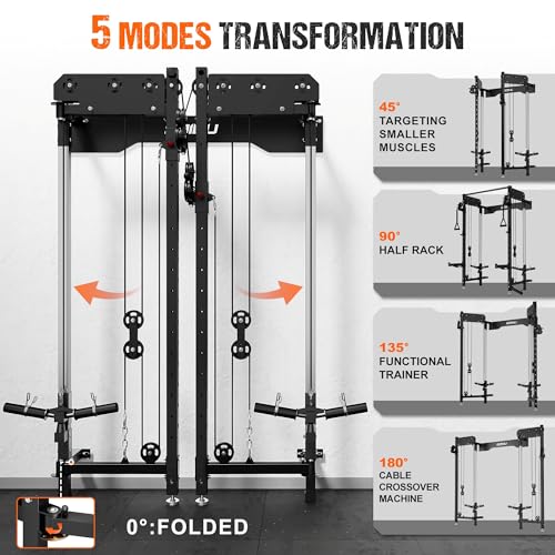 Folding Squat Rack Wall Mounted Power Rack with Dual Independent Pulley System Q2891