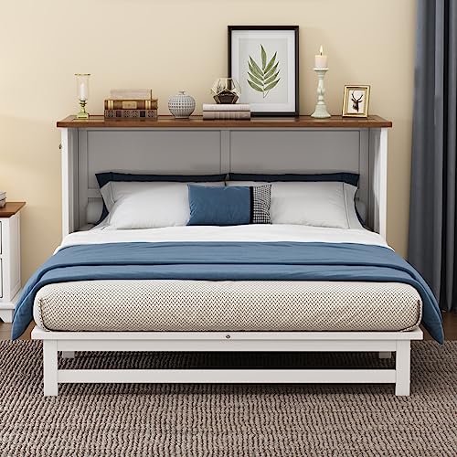 White Queen Size Murphy Bed Cabinet with Bookcase and Drawer Shelves M713580